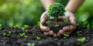 Hands nurturing young plant seedling in fertile soil. Concept of environmental conservation, sustainable gardening, and eco friendly living.