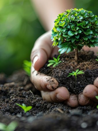 Hands nurturing young plant seedling in fertile soil. Concept of environmental conservation, sustainable gardening, and eco friendly living.