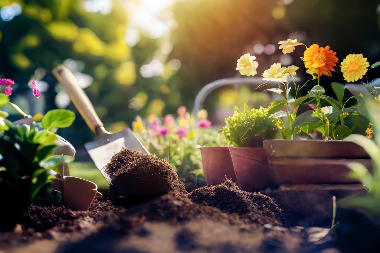 Potted plants and seedlings with gardening tools, generative ai